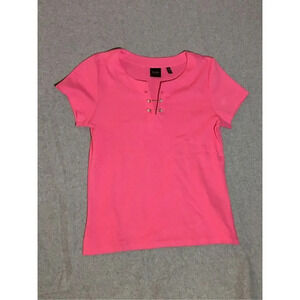 Womens Rafaella Shirt Size XS Petite Pink Pearl Detail V Neck Elevated Cute